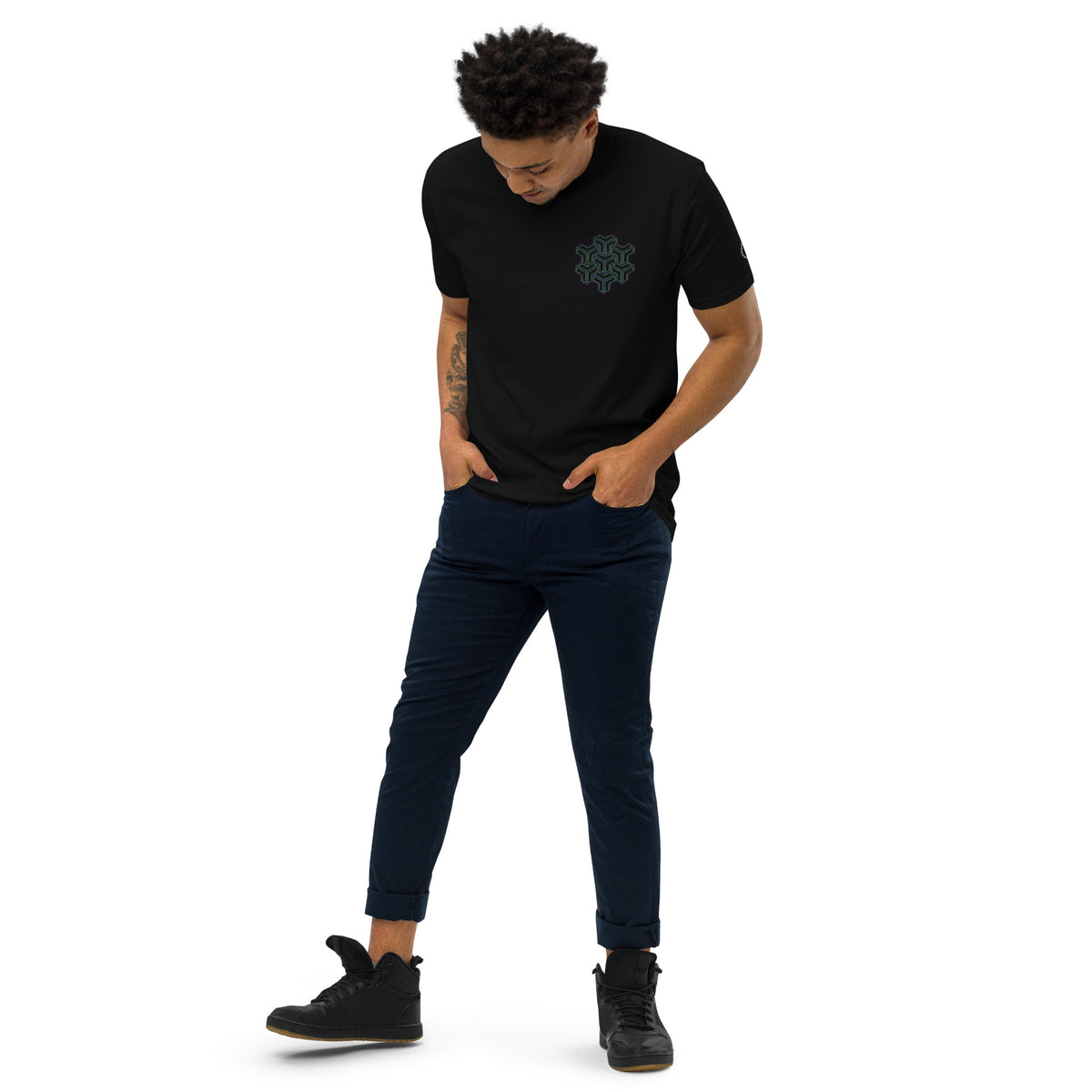 Neural Star Tree premium heavyweight t-shirt in Black, left front view on a model