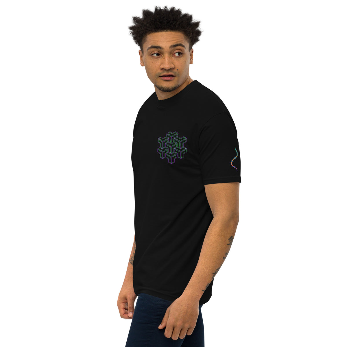 Neural Star Tree premium heavyweight t-shirt in Black, left front view on a model