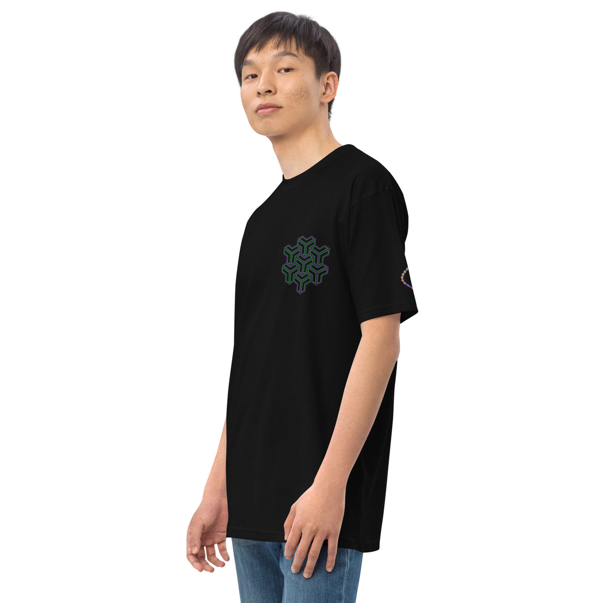 Neural Star Tree premium heavyweight t-shirt in Black, left front view on a model