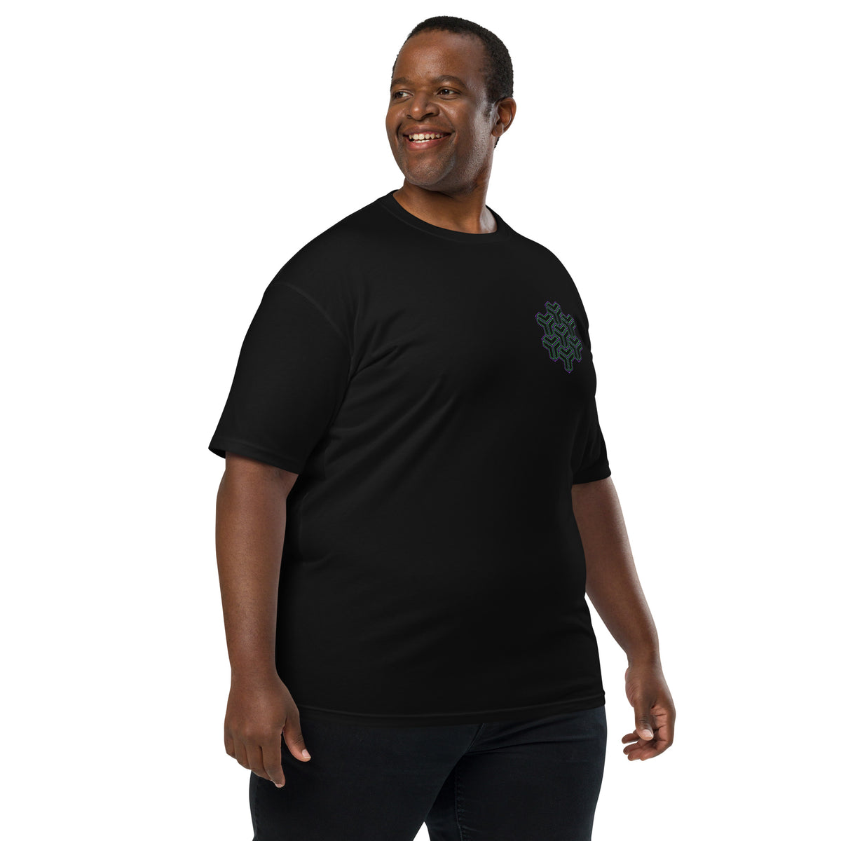 Neural Star Tree premium heavyweight t-shirt in Black, right front view on a model