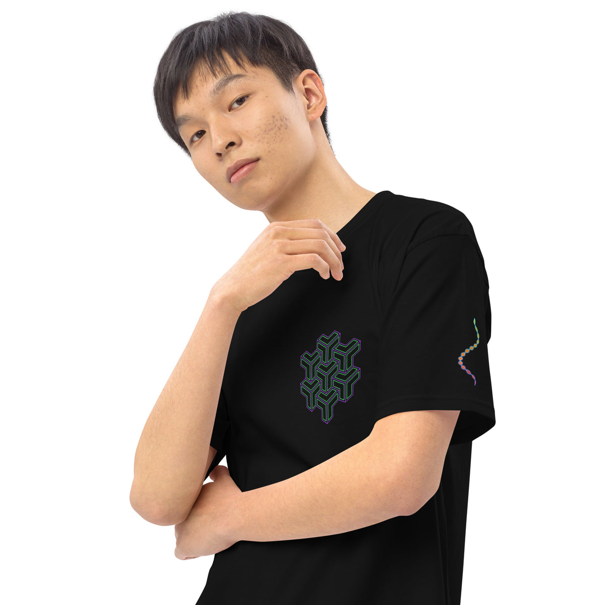 Neural Star Tree premium heavyweight t-shirt in Black, close-up on a model
