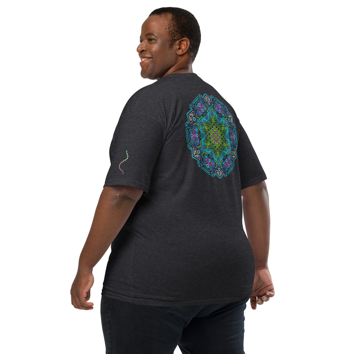 Neural Star Tree premium heavyweight t-shirt in Charcoal Heather, back view: the Neural Program mandala across the back