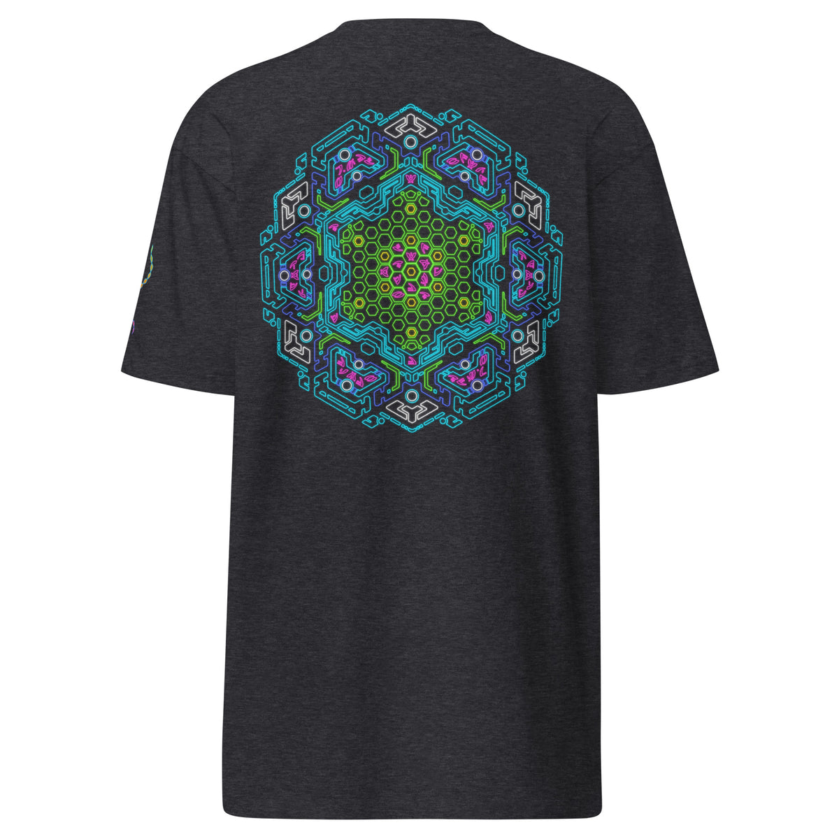 Neural Star Tree premium heavyweight t-shirt in Charcoal Heather, back view: the Neural Program mandala across the back