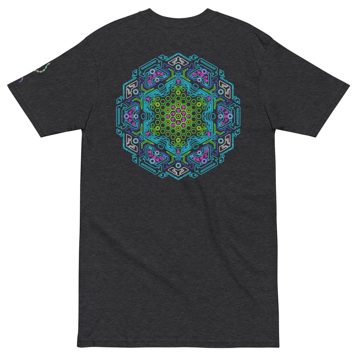 Neural Star Tree premium heavyweight t-shirt in Charcoal Heather, back view: the Neural Program mandala across the back