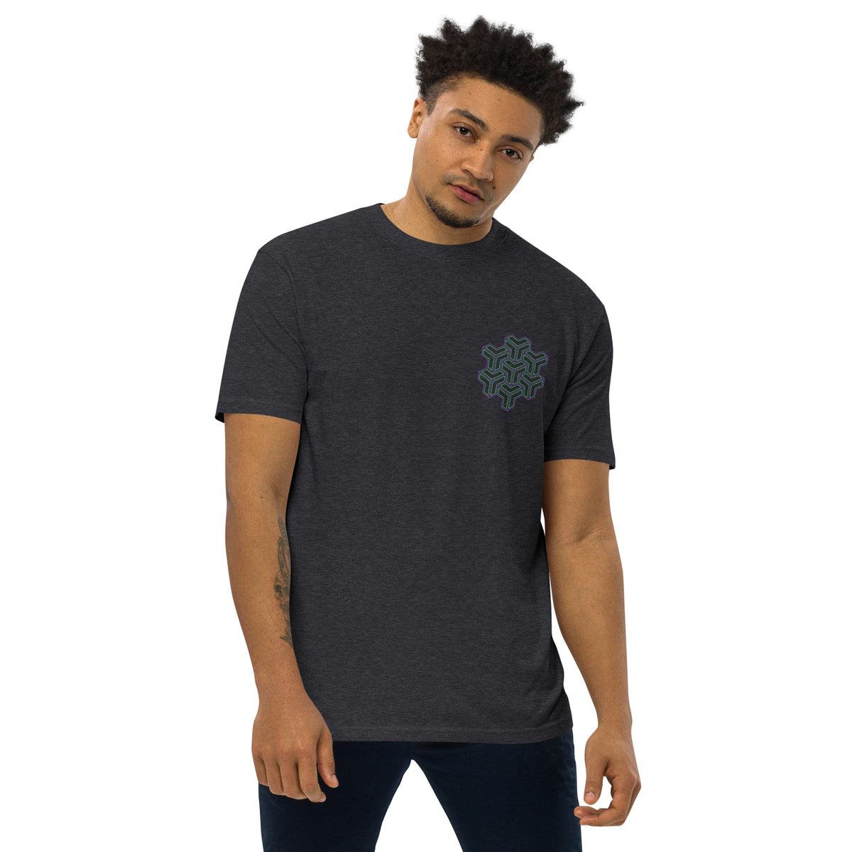 Neural Star Tree premium heavyweight t-shirt in Charcoal Heather, front view: TreeStar small on the left chest