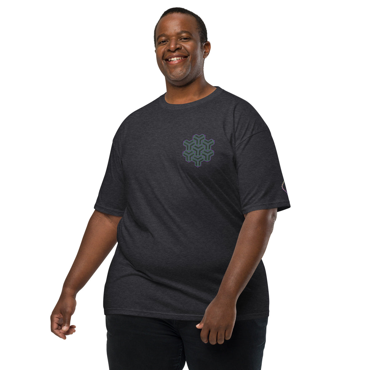 Neural Star Tree premium heavyweight t-shirt in Charcoal Heather, front view: TreeStar small on the left chest