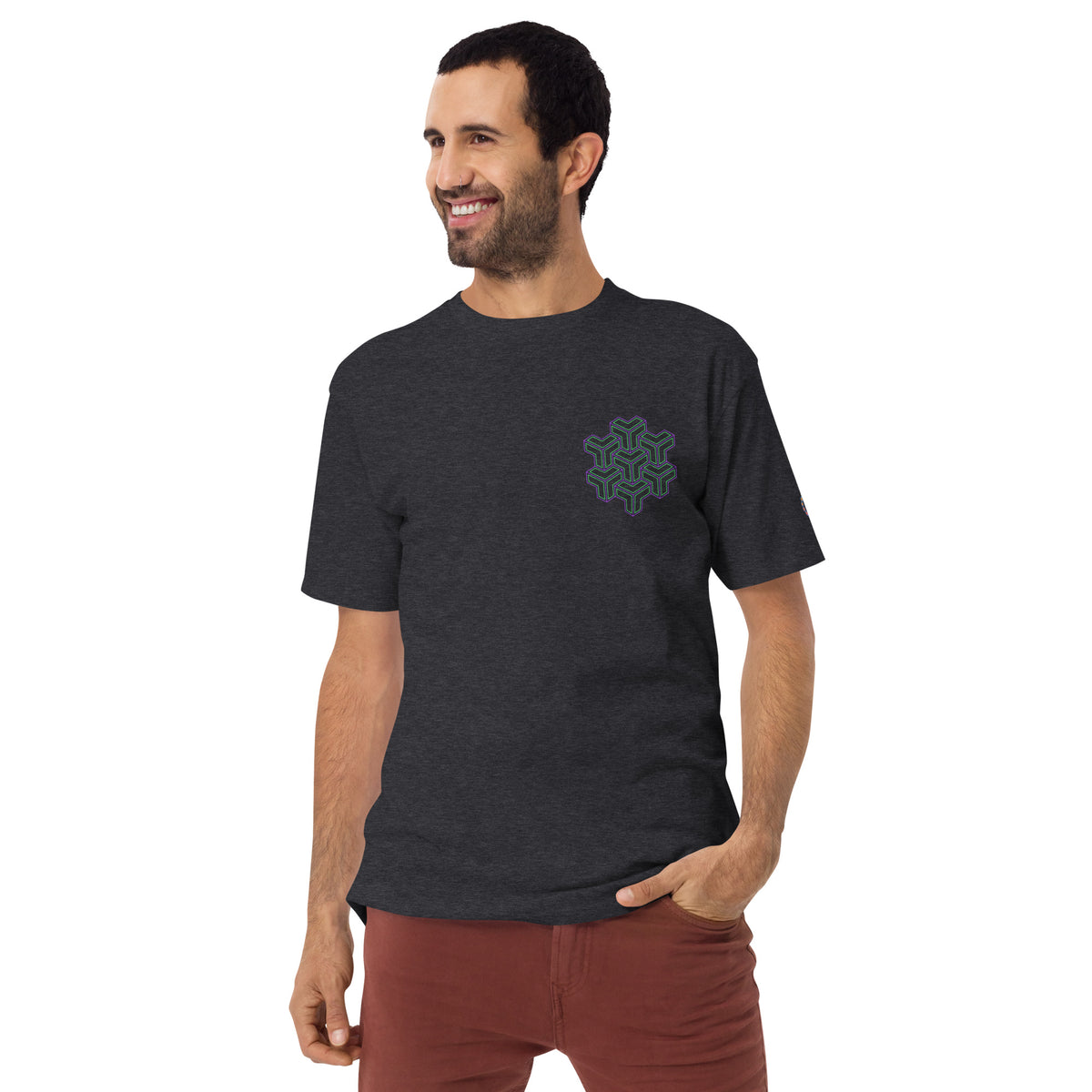 Neural Star Tree premium heavyweight t-shirt in Charcoal Heather, front view: TreeStar small on the left chest