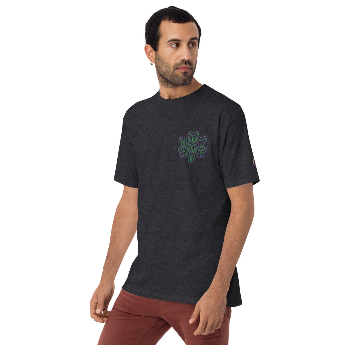 Neural Star Tree premium heavyweight t-shirt in Charcoal Heather, left front view on a model