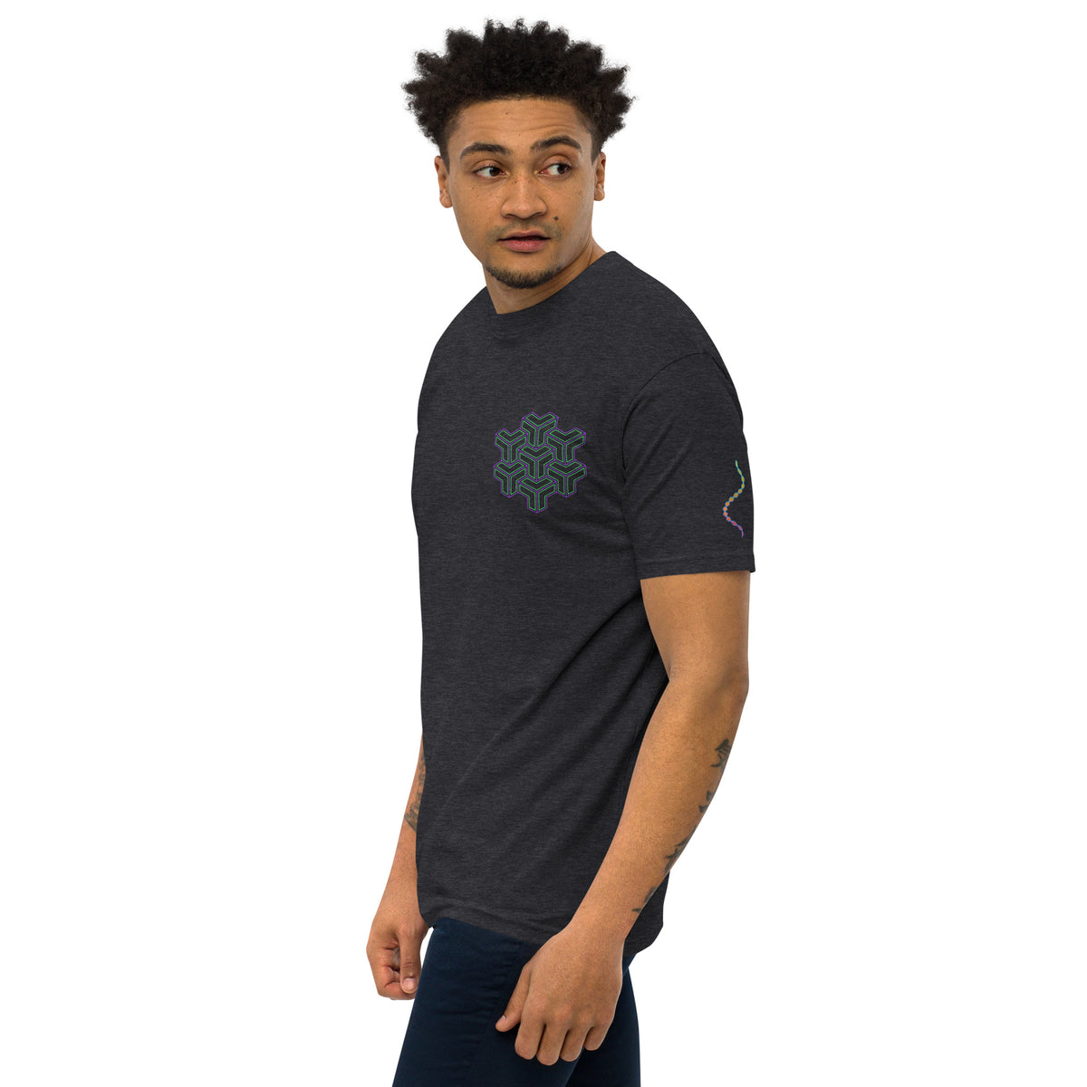 Neural Star Tree premium heavyweight t-shirt in Charcoal Heather, left front view on a model