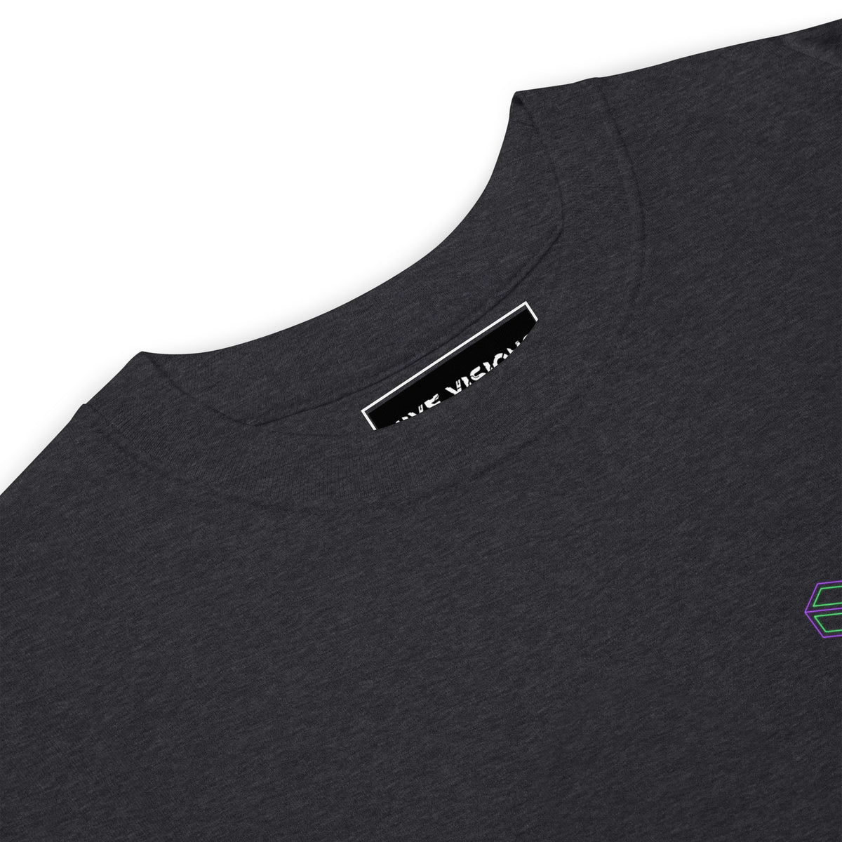 Neural Star Tree premium heavyweight t-shirt in Charcoal Heather, close-up at the collar: the HIVE VISIONS neck label