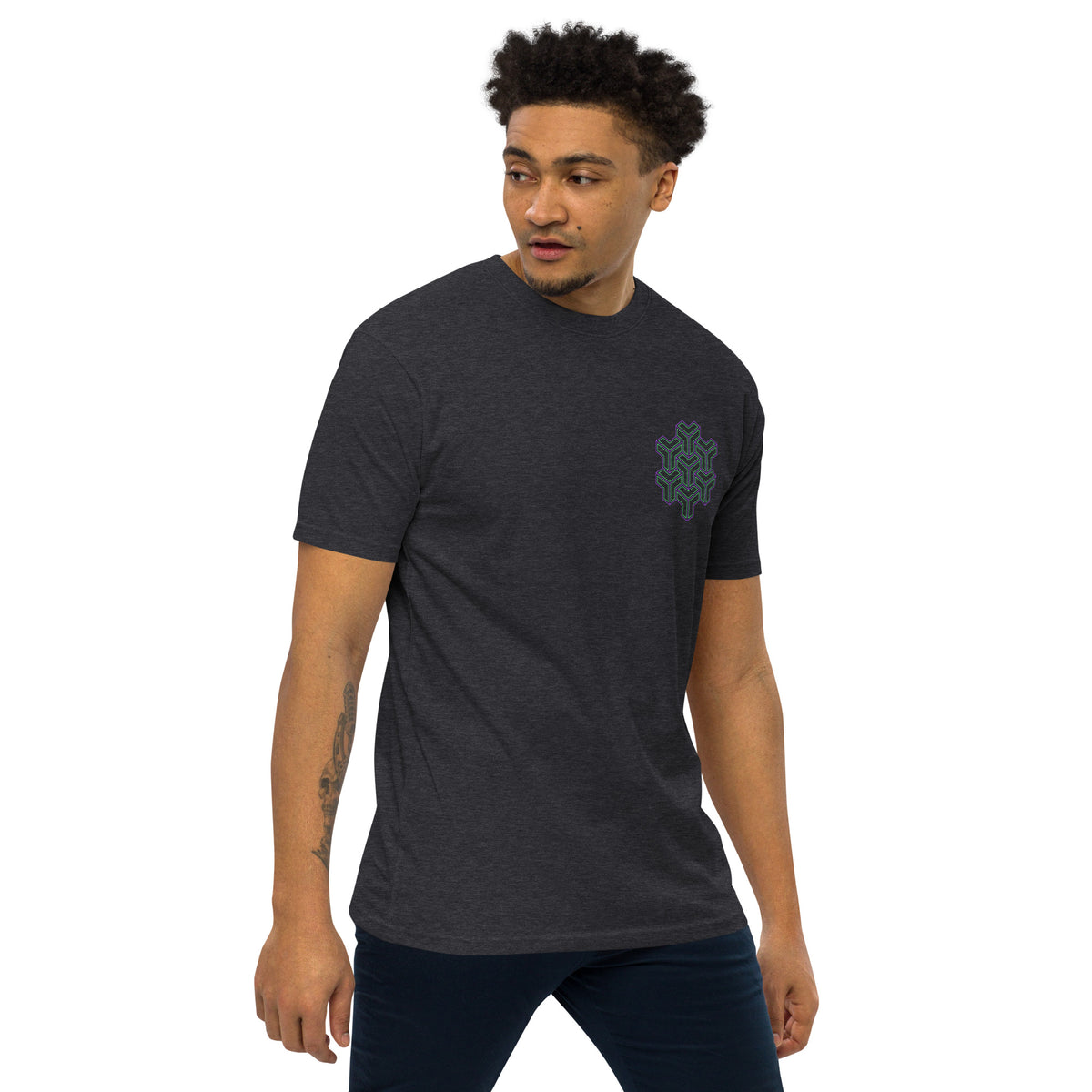 Neural Star Tree premium heavyweight t-shirt in Charcoal Heather, right front view on a model