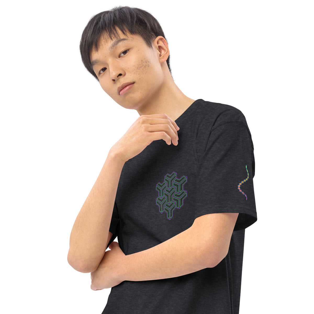 Neural Star Tree premium heavyweight t-shirt in Charcoal Heather, close-up on a model