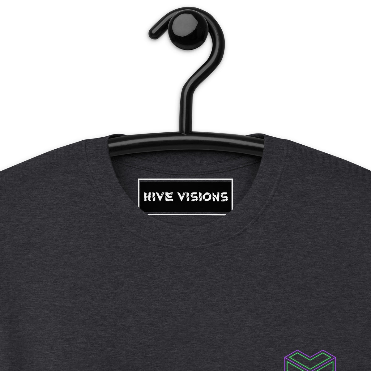 Neural Star Tree premium heavyweight t-shirt in Charcoal Heather, close-up: the HIVE VISIONS neck label