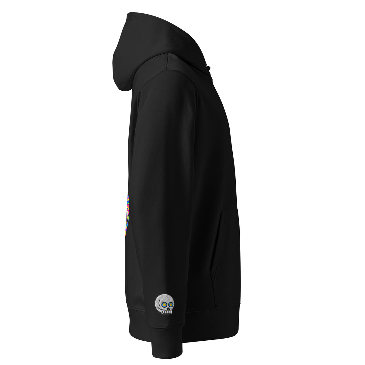 Once Upon a Trip hoodie, Black, right sleeve skull embroidery