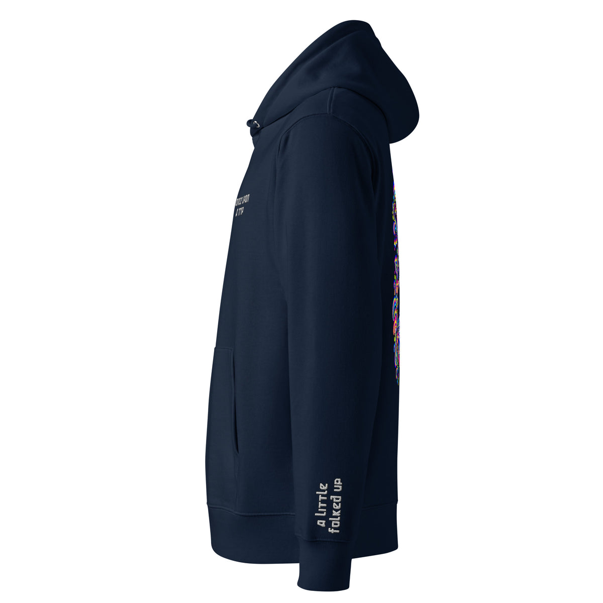 Once Upon a Trip hoodie, French Navy, left sleeve "a little folked up" embroidery