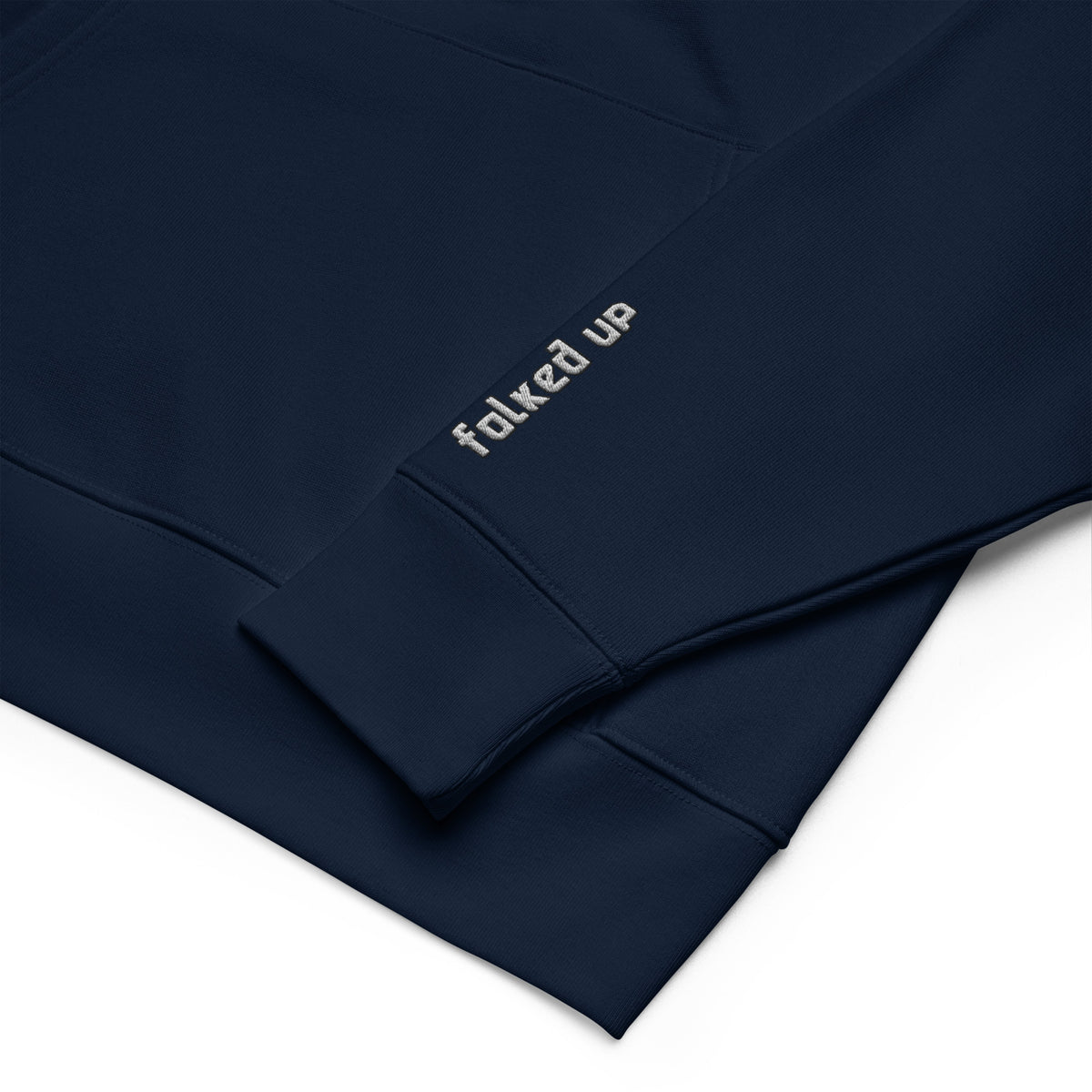 Once Upon a Trip hoodie, French Navy, sleeve embroidery close-up