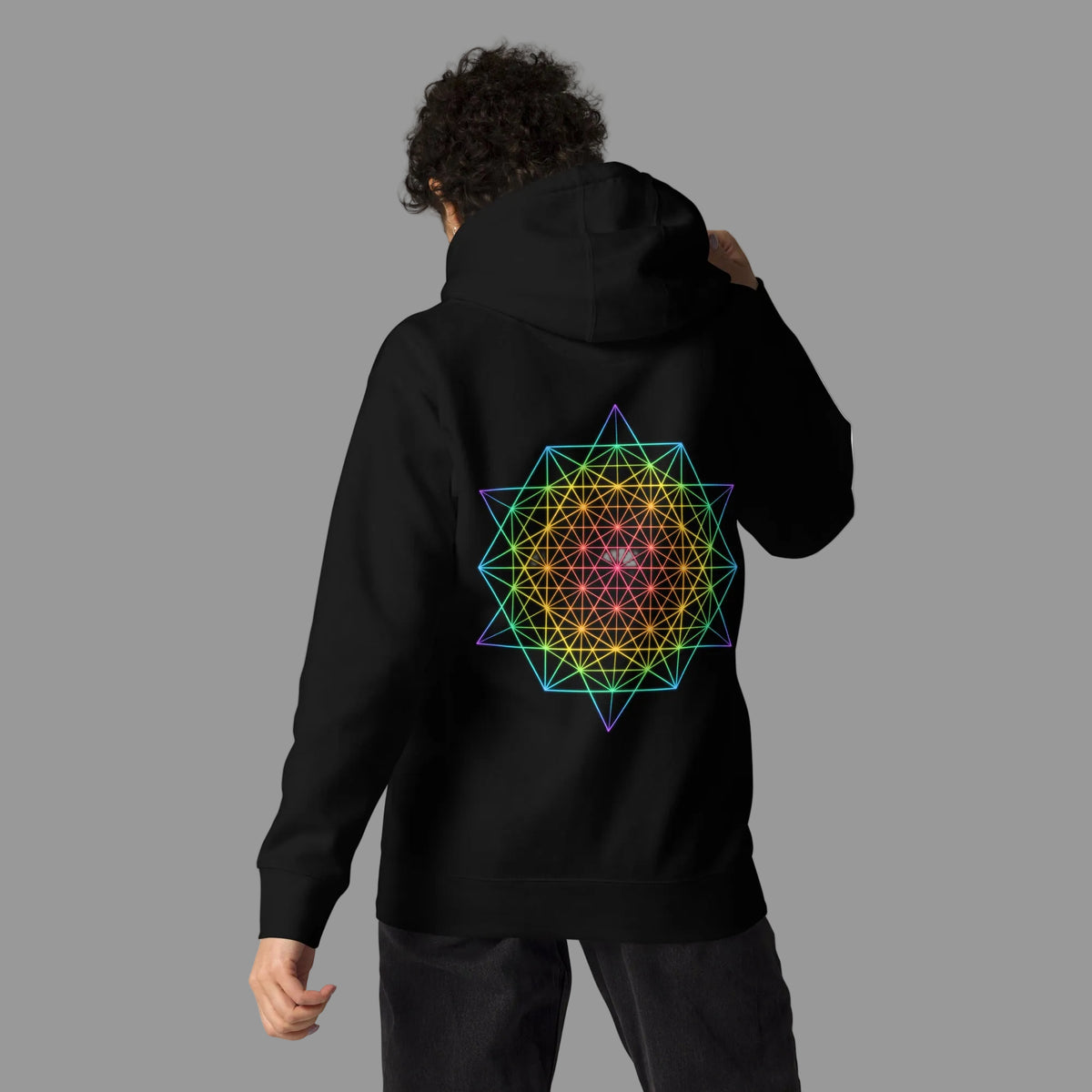 DNA Matrix unisex cotton hoodie in Black, back view on a model: six-pointed star grid in rainbow colours
