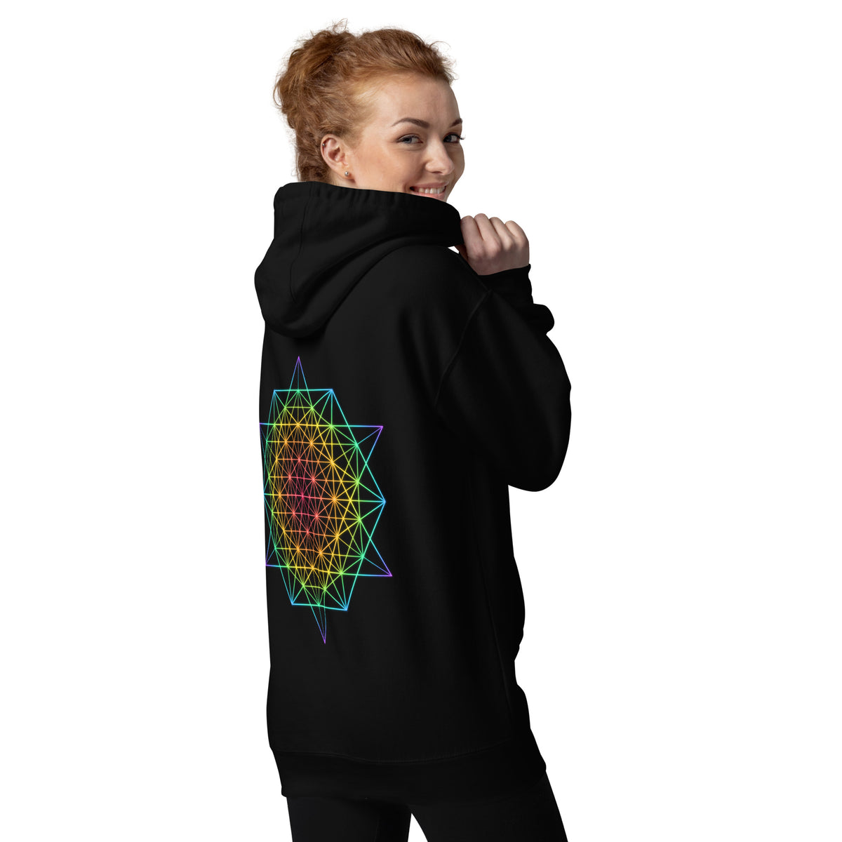 DNA Matrix unisex cotton hoodie in Black, back view at an angle on a model: six-pointed star grid in rainbow colours