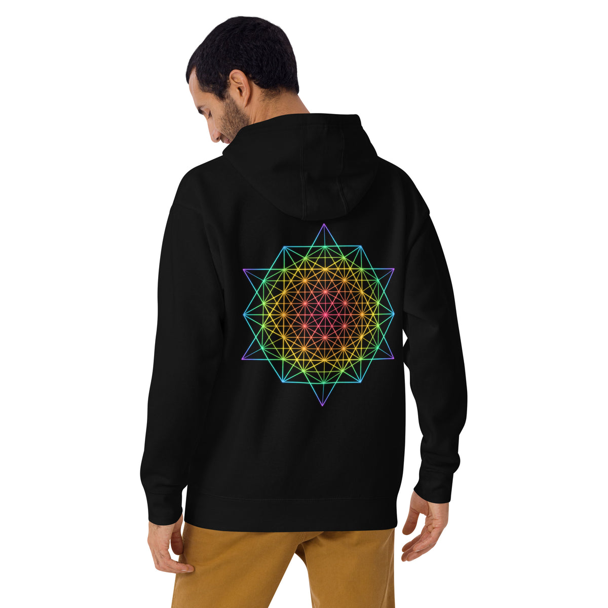 DNA Matrix unisex cotton hoodie in Black, back view on a model: star grid from violet tips to a pink centre