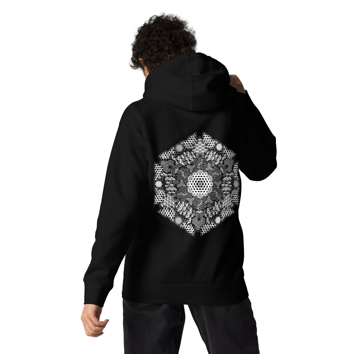 GeoDNA B&W unisex cotton hoodie in Black, back view on a model: large white hexagon of cubes and hexagon cells