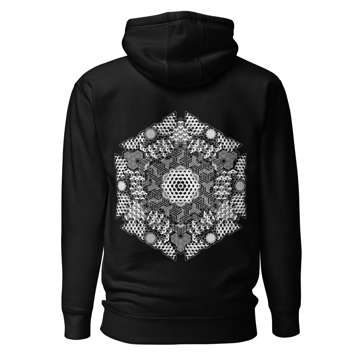 GeoDNA B&W unisex cotton hoodie in Black, back view: white hexagon of cubes around a centre of hexagonal holes