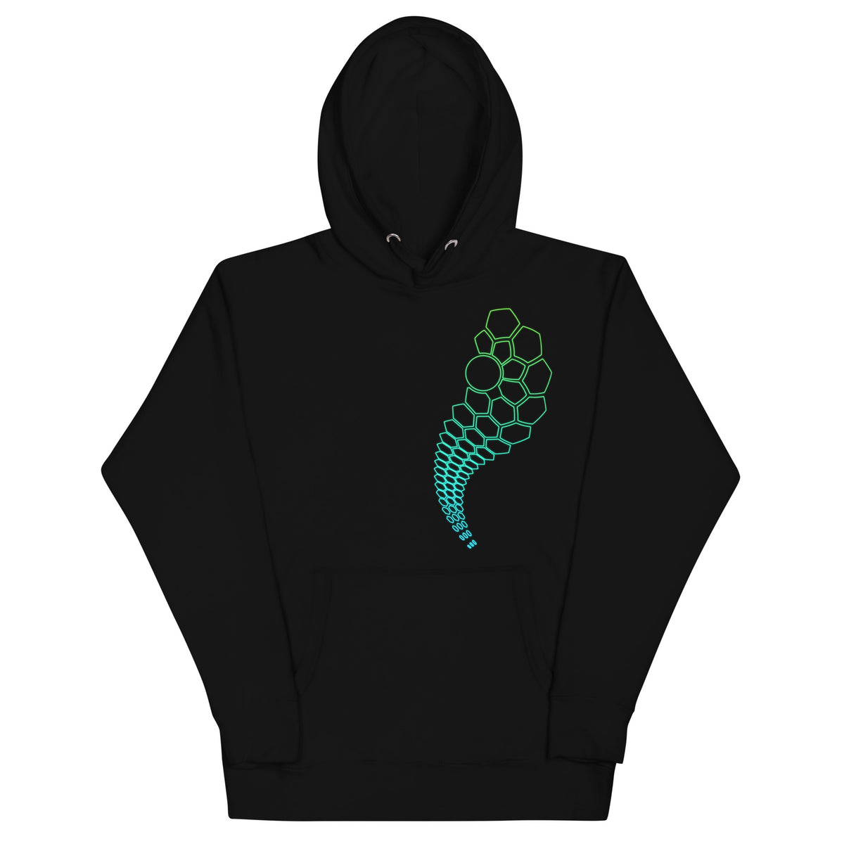 Hexa unisex cotton hoodie in Black, front view: hexagon cells shrinking into a curving tail above the pouch pocket