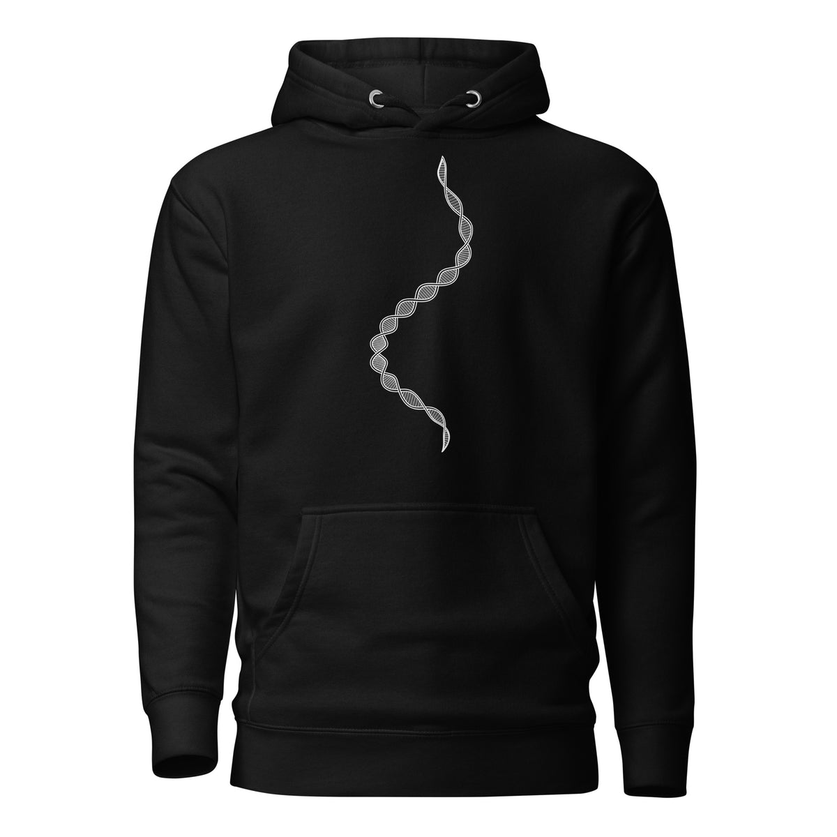 GeoDNA B&W unisex cotton hoodie in Black, front view: white double helix running down the chest