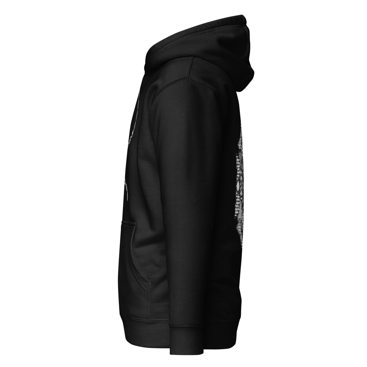 GeoDNA B&W unisex cotton hoodie in Black, left side view: plain sleeve, edges of front helix and back hexagon