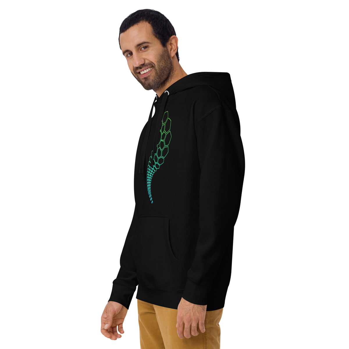 Hexa unisex cotton hoodie in Black, left front view on a model: hexagon arc on the left chest, green to turquoise