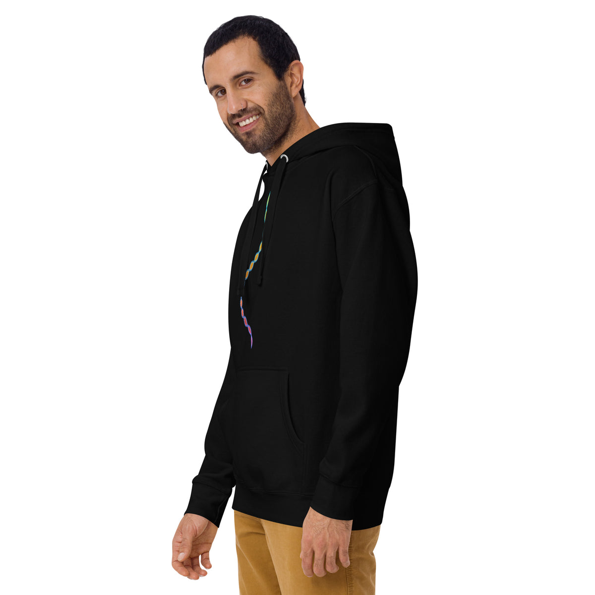 DNA Matrix unisex cotton hoodie in Black, left front view on a model: helix partly behind the drawstrings