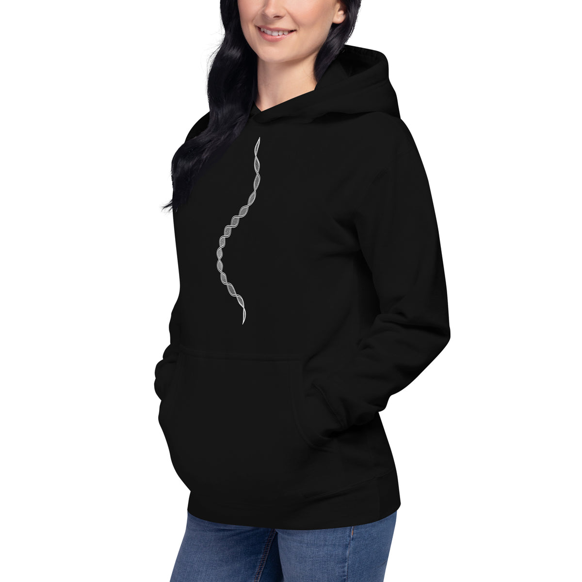 GeoDNA B&W unisex cotton hoodie in Black, left front view on a model: white double helix down the chest