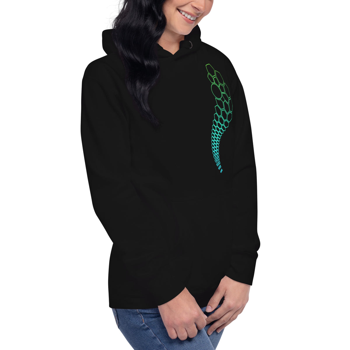 Hexa unisex cotton hoodie in Black, right front view on a model: hexagon arc on the left chest, green to turquoise