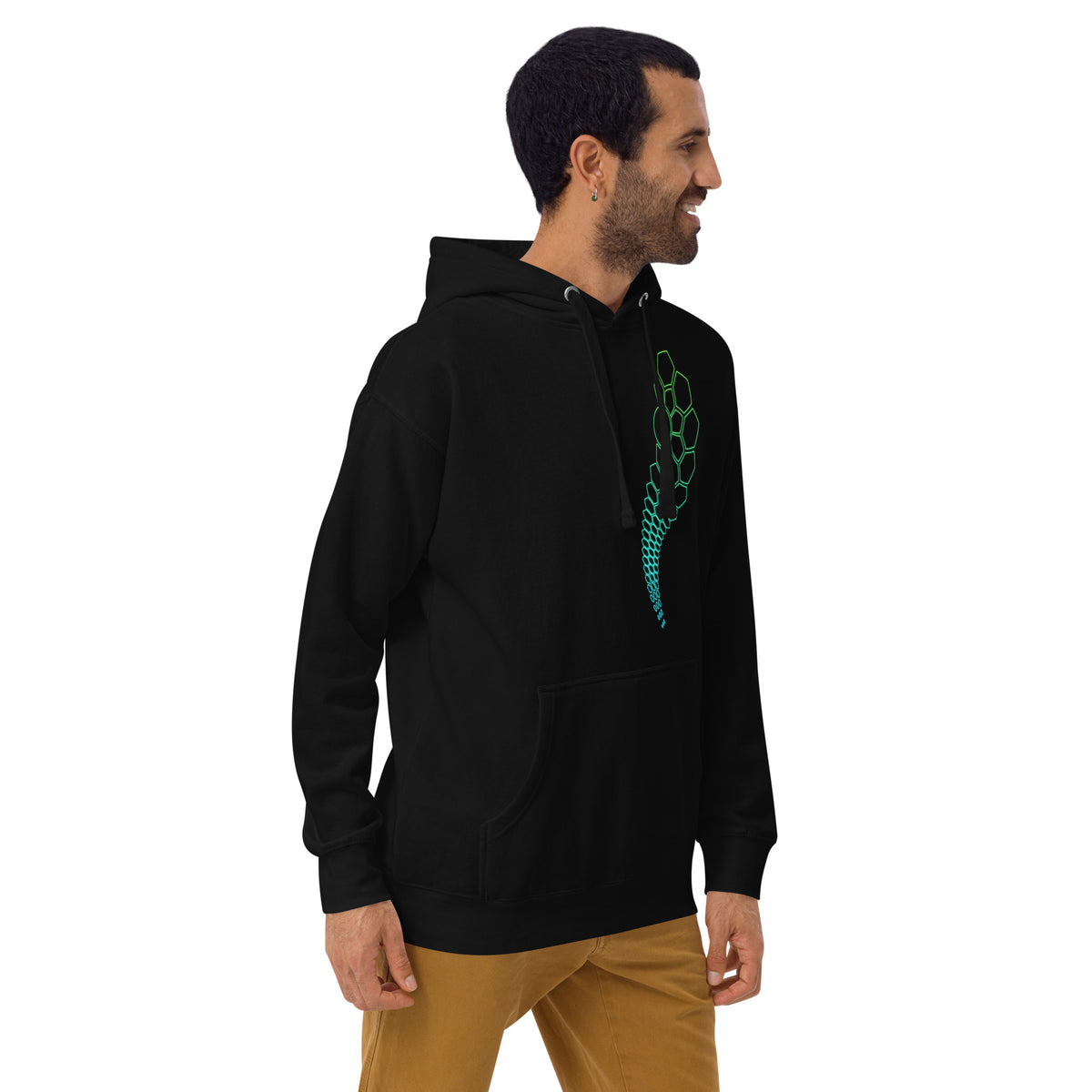 Hexa unisex cotton hoodie in Black, right front view on a model: green to turquoise hexagon arc on the left chest