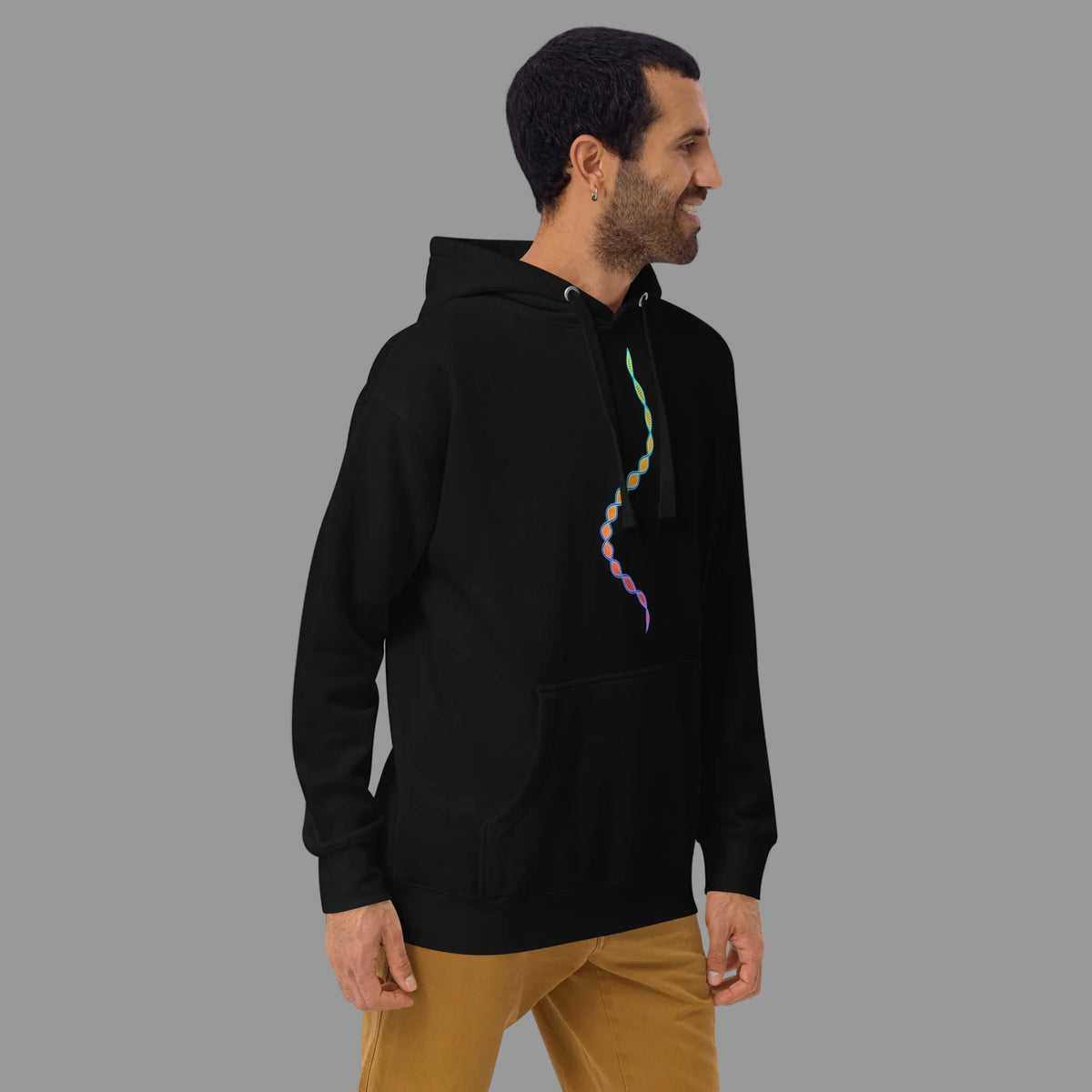 DNA Matrix unisex cotton hoodie in Black, right front view on a model: turquoise and orange double helix