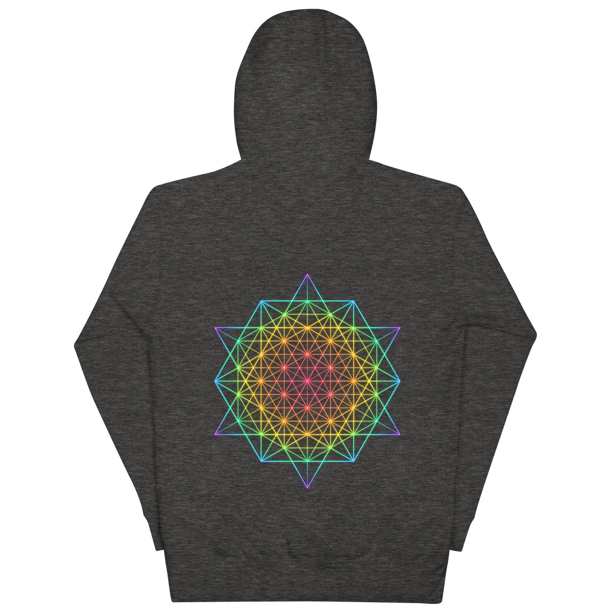 DNA Matrix unisex cotton hoodie in Charcoal Heather, back view: six-pointed star grid in rainbow colours