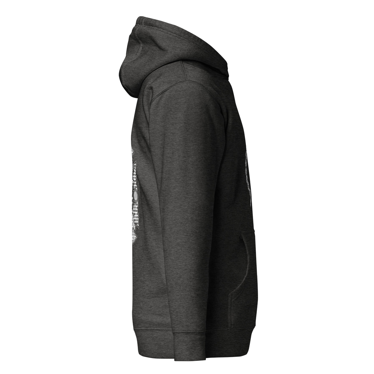 GeoDNA B&W unisex cotton hoodie in Charcoal Heather, right side view: plain sleeve, edges of front and back prints