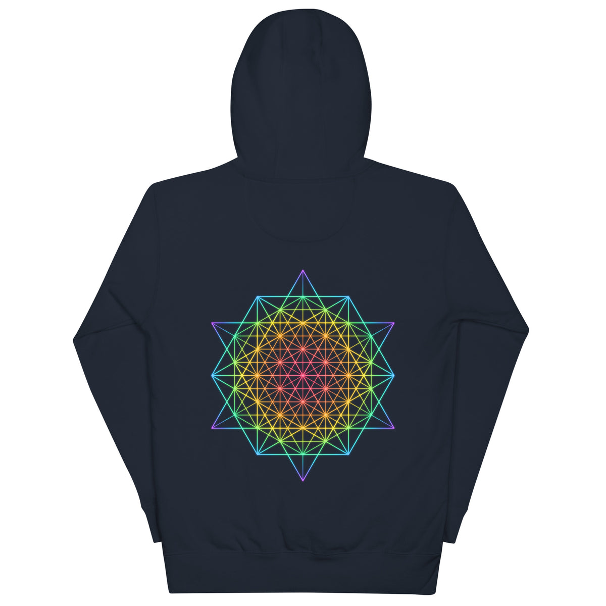 DNA Matrix unisex cotton hoodie in Navy Blazer, back view: six-pointed star grid in rainbow colours