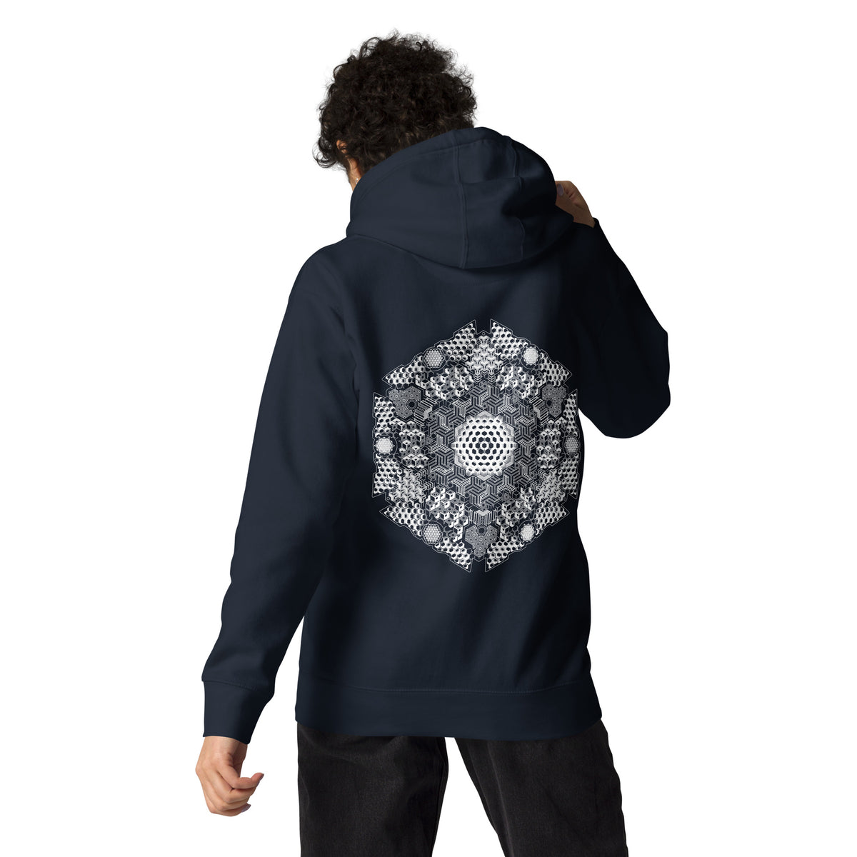 GeoDNA B&W unisex cotton hoodie in Navy Blazer, back view on a model: large white hexagon of cubes and cells