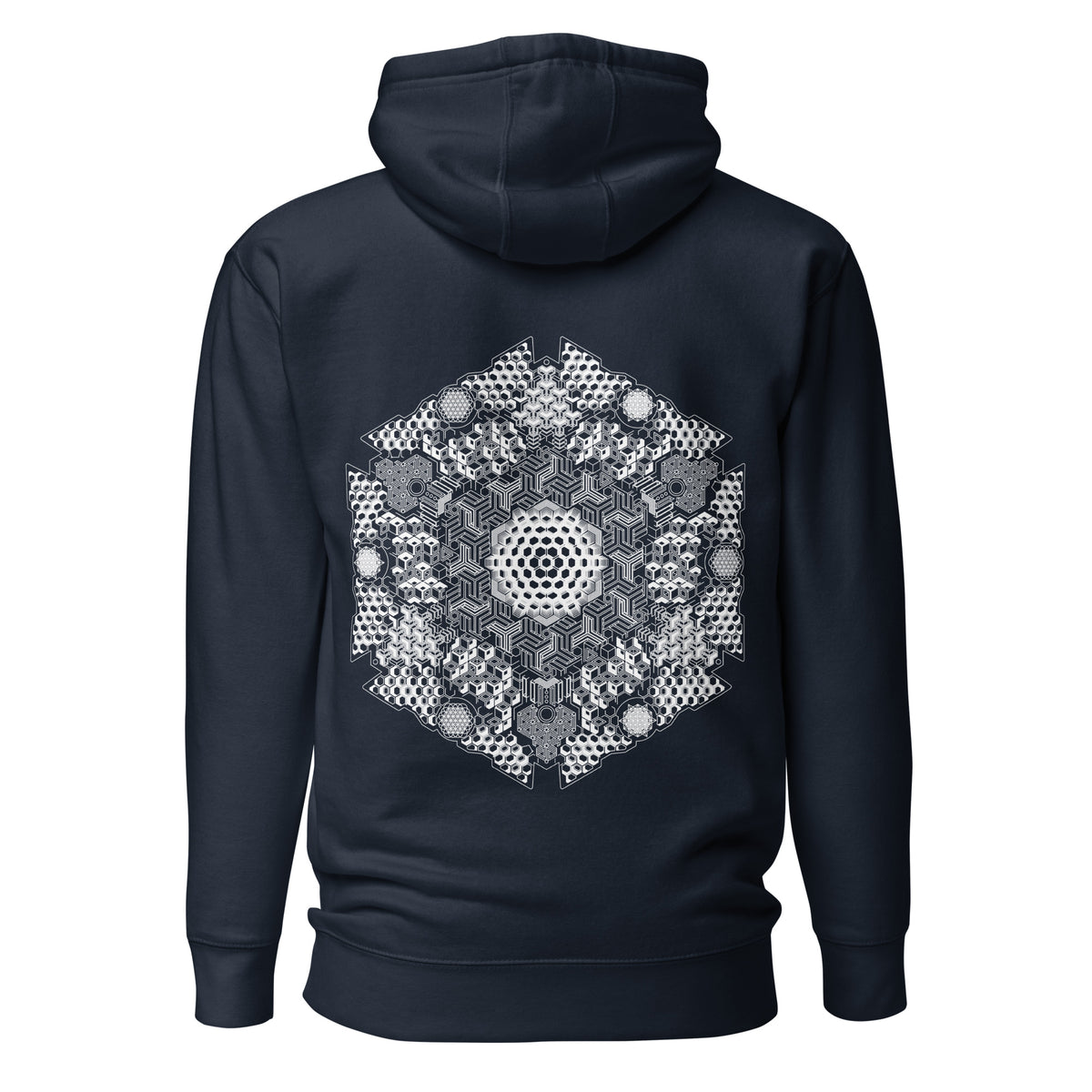 GeoDNA B&W unisex cotton hoodie in Navy Blazer, back view: large white hexagon of cubes and hexagon cells