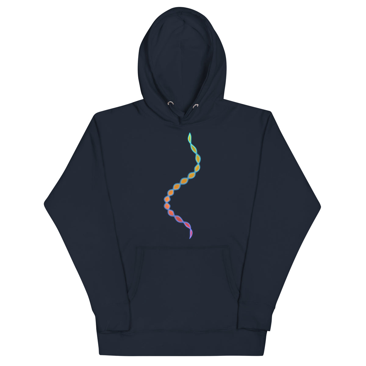 DNA Matrix unisex cotton hoodie in Navy Blazer, front view: multicolour double helix down the chest