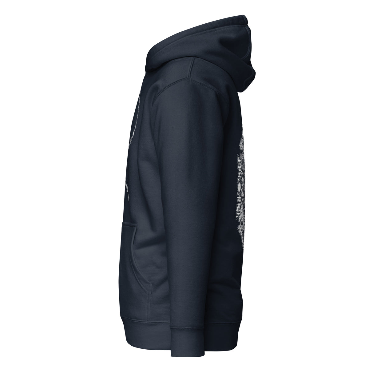 GeoDNA B&W unisex cotton hoodie in Navy Blazer, left side view: plain sleeve, edges of front and back prints