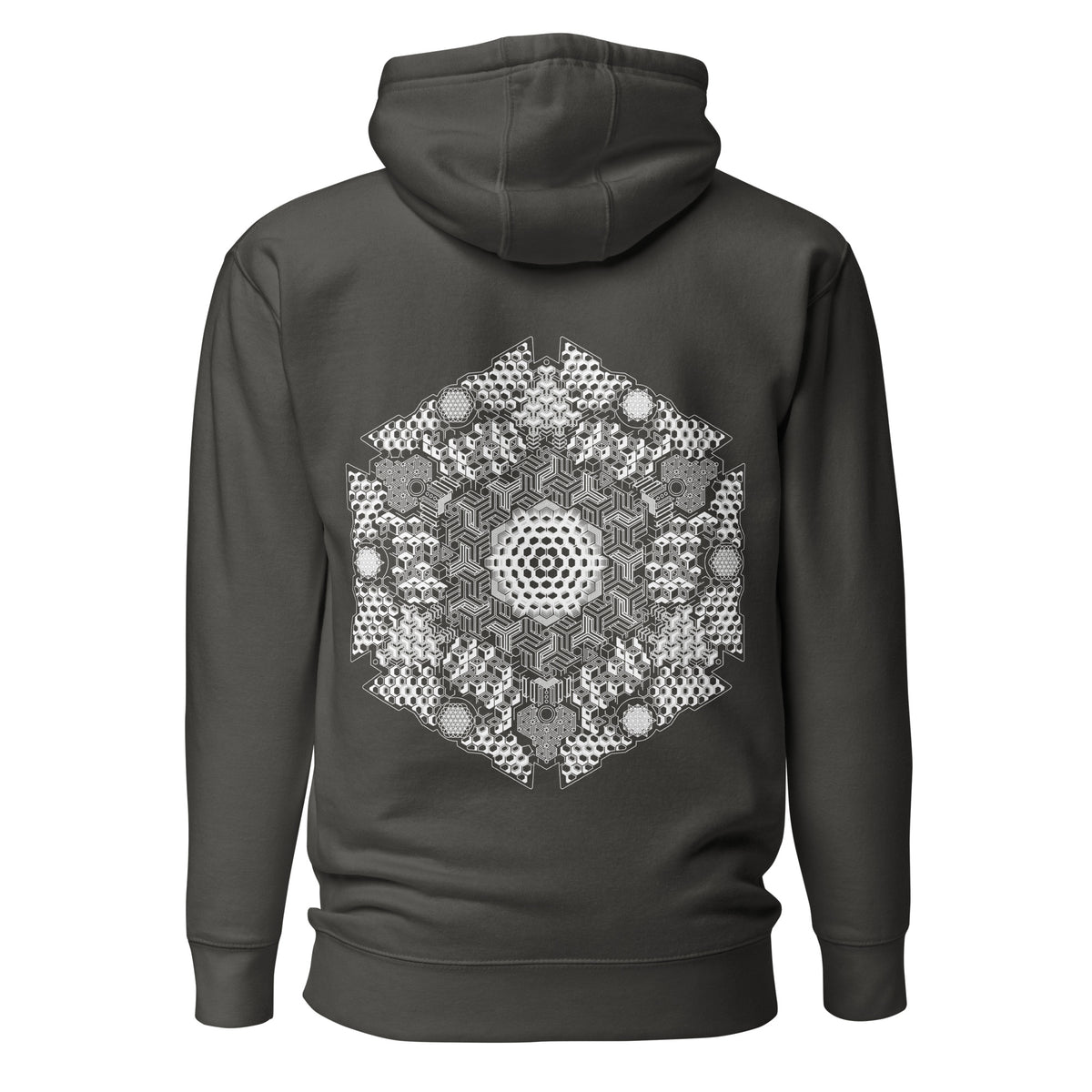 GeoDNA B&W unisex cotton hoodie in Vintage Black, back view: large white hexagon of cubes and hexagon cells
