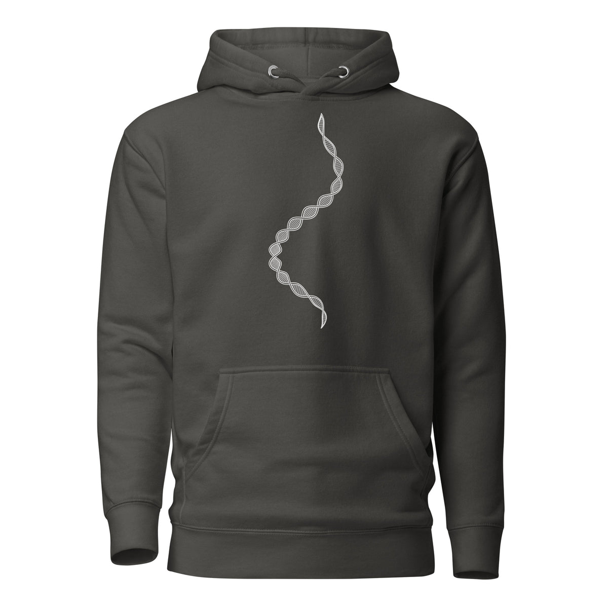 GeoDNA B&W unisex cotton hoodie in Vintage Black, front view: white double helix running down the chest