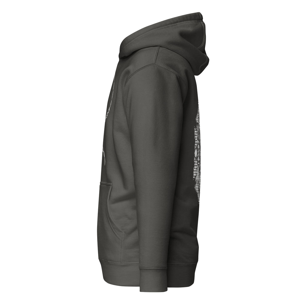 GeoDNA B&W unisex cotton hoodie in Vintage Black, left side view: plain sleeve, edges of front and back prints