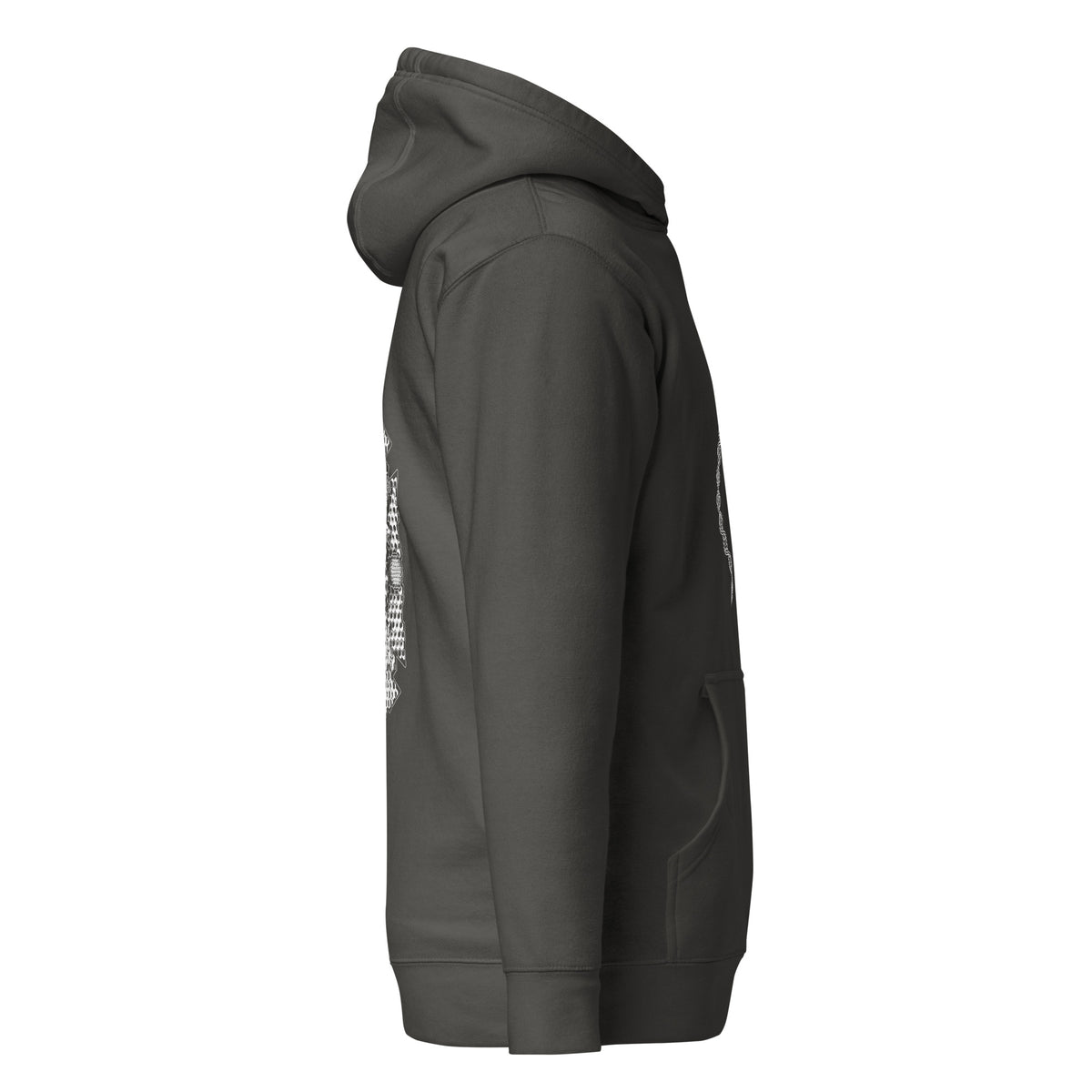 GeoDNA B&W unisex cotton hoodie in Vintage Black, right side view: plain sleeve, edges of front and back prints