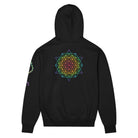 DNA Matrix box hoodie in Black, back view: rainbow star-shaped line grid on the upper back, helix on the left sleeve