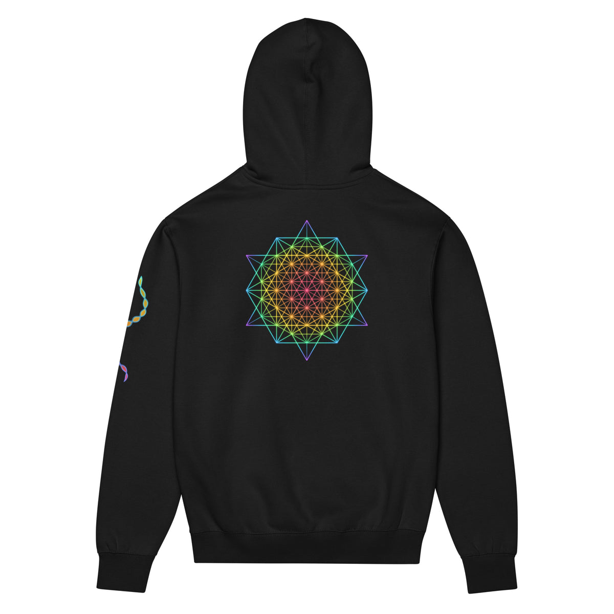 DNA Matrix box hoodie in Black, back view: rainbow star-shaped line grid on the upper back, helix on the left sleeve