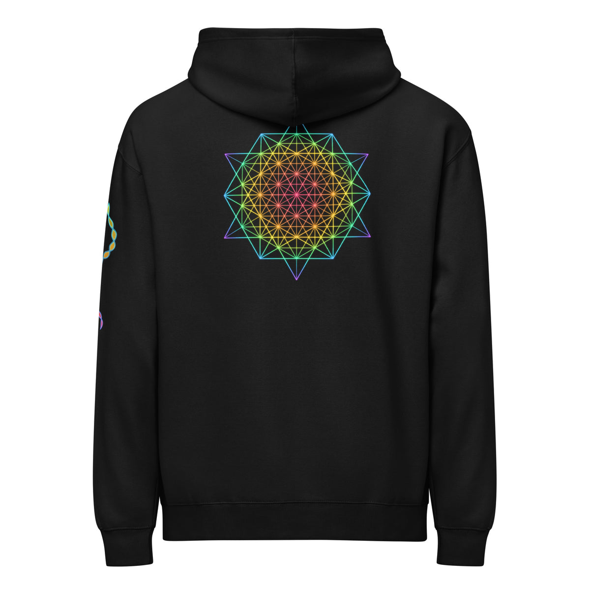 DNA Matrix box hoodie in Black, back view: rainbow star-shaped line grid on the upper back, helix on the left sleeve