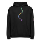 DNA Matrix box hoodie in Black, front view: double helix in cyan, yellow, orange, red and violet down the chest