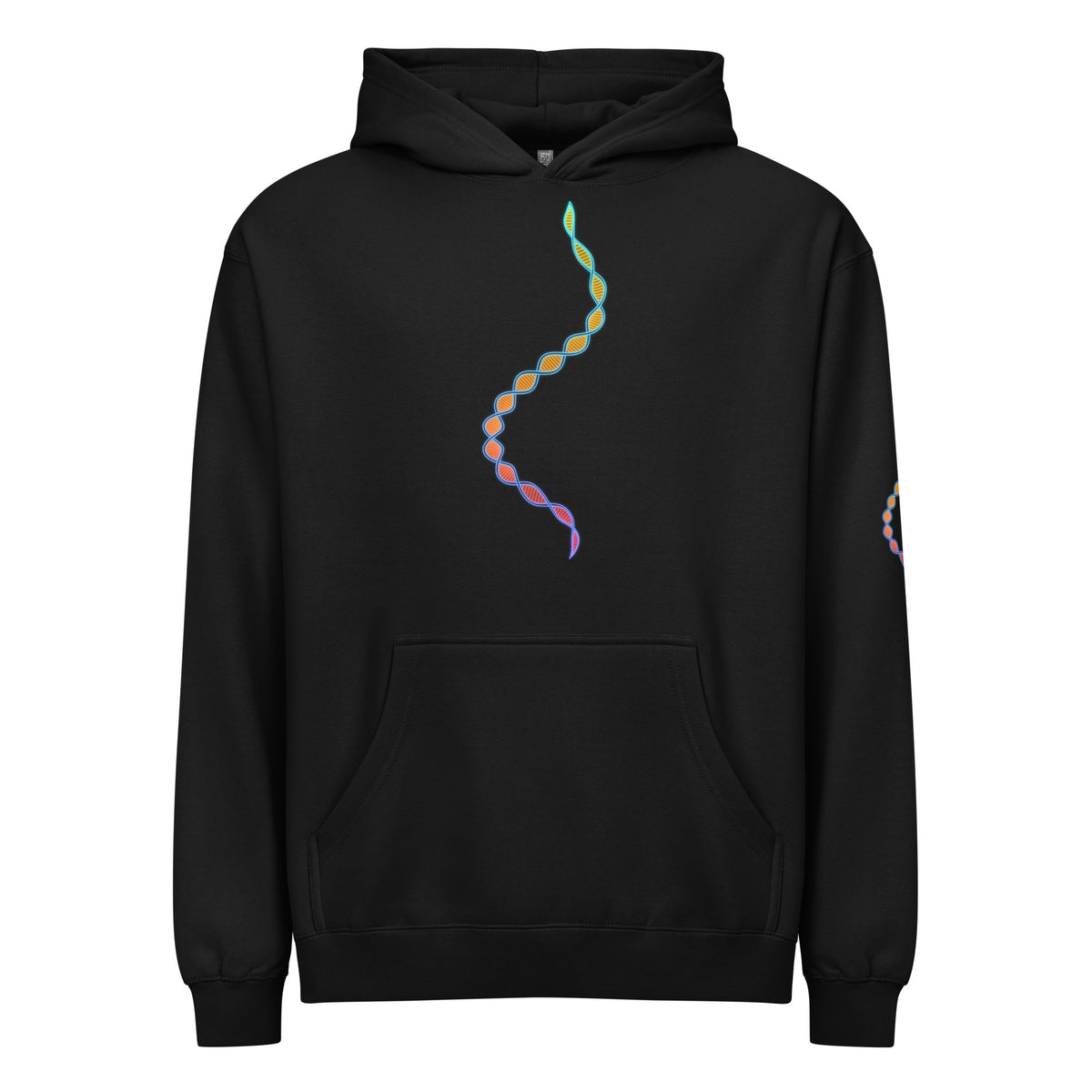 DNA Matrix box hoodie in Black, front view: double helix in cyan, yellow, orange, red and violet down the chest